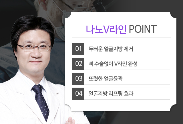 나노V라인 POINT:1)두터운 얼굴지방 제거 2)뼈 수술없이 V라인 완성 3)또렷한 얼굴윤곽 4)얼굴지방 리프팅 효과